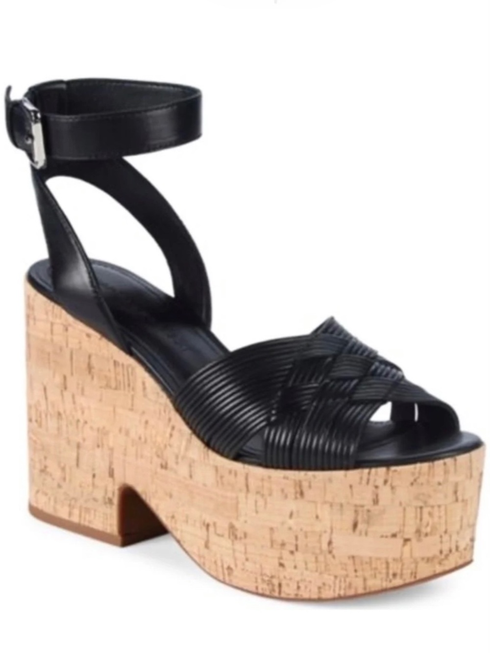 Sigerson Morrison Becca Black Leather Ankle Strap Cork Wedge Platform Sandal 9.5